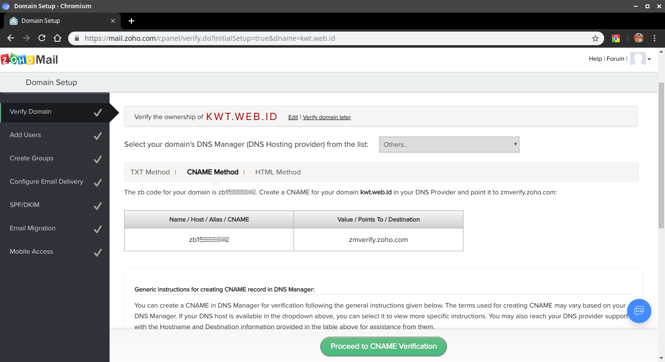 Gambar 6: Pilih verifikasi menggunakan CNAME